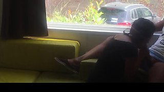 Risky Public Blowjob In Front Of Window - Hot Brunette MILF Wife On Her Knees Outdoor Camping
