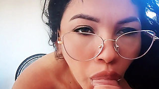 Hot young nerdy intern gives her boss a blowjob in search of a salary increase