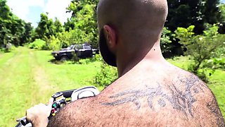 White bald stud anally fucked outdoor by bareback BBC