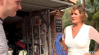 Horny Stud Takes Mature Grannys Seduction in Garage