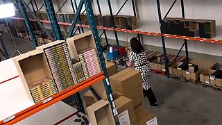 Boss fucks the black-haired milf in the warehouse