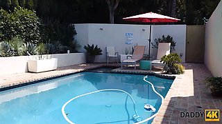 Daddy4k. dangled man stretches cunt of son's girlfriend near the swimming pool