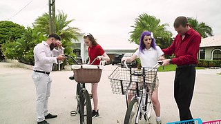 Jessae Rosae's shaven pussy gets a four-way feast