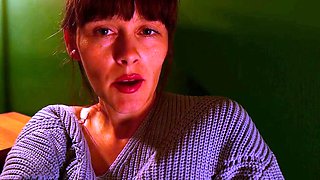 Busty curly brunette with big boobs fucks on couch