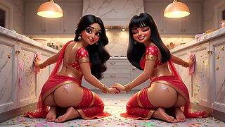 Two voluptuous Indian lesbians cleaning kitchen floor on all fours in revealing traditional attire no panties