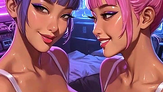 Cyberpunk Lesbians Tongue and Kiss Fetish, Ai Animation