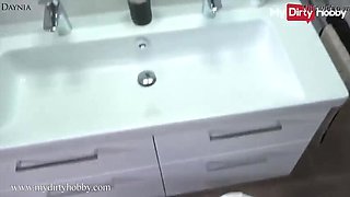 Daynia Demands Rough Ass Fuck & Facial Cumshot in Bathroom - Blowjob, Shaved Pussy, Fake Tits