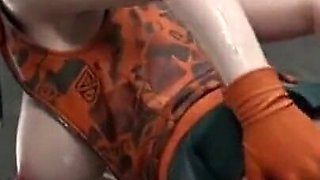 Ashley Graham Oiled Tease - Sheer Thong, Orange Top and Lace Lingerie