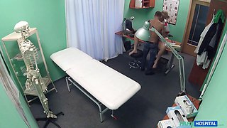 Blonda nurse in full uniform bangs her recent patient - fake medical center
