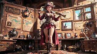 Redhead Pirate Captain! Playing with Her Cutlass in a Vintage Ship Cabin.