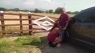 Sex on the road. Latina whore gets horny during the trip and gets her tits sucked in the car, then gets fucked outdoors on the street. Funny slut