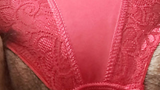 Mommy has a lot of pubic hair that peeks out of her big red panties