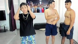 Cute brunette gay Asian twinks having sex under the shower