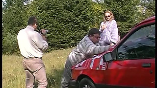 Busty blonde pussy licked and slammed outdoors