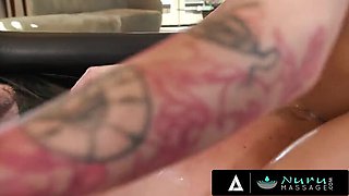 Hot Tattooed Masseuse Charlotte Sins Gives Deep Throat BJ & Rides Hard in Nuru Massage POV