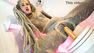 Tattoo Covered Solo Piss – Dreads, Fishnets & Golden Shower Fun