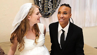 Ebony and Blonde Lesbians in Strapon Wedding Night Fun