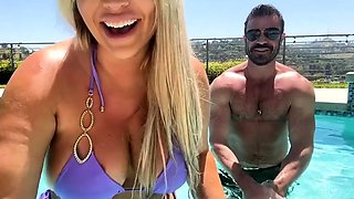 Curvy cougar sucks cock and gets drilled doggystyle poolside