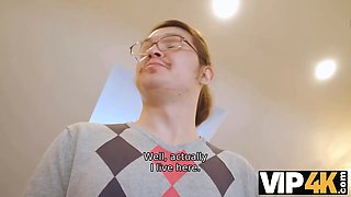 Vip4k. while dude is engaged hot girls in colorful underwear lick each others beans