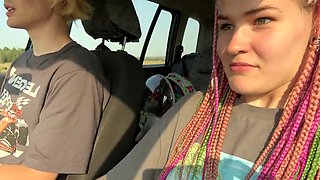 Sex with a blogger in a car in the sun on a field with behind the scenes footage