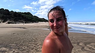 Public beach blowjob and handjob with a kinky brunette slut