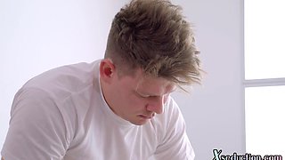 Oiled Ebony babe pussyfucked by masseur on massage table