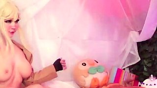Non stop blonde with big boobs cock jerks off on the bed