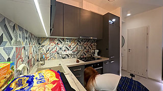 The Juggler Girl Is Here in a Long College Type Uniform Skirt to Flash Her Panties Under Her Miniskirt in the Kitchen