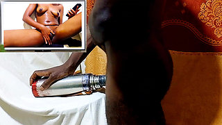 Male masturbation while watching female pussy masturbating, I fucked water bottle and felt like real pussy! So wet and hot pussy