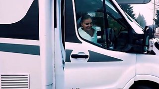 Blonde bride gives warm suck off and joins gang-bang in van
