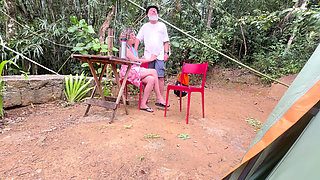 Naughty woman gives a blowjob and rides a stranger at the campsite.