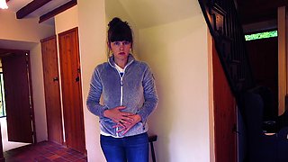 Amateur young brunette enjoys dildo on solo masturbation