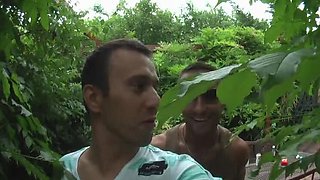 Old & Young Threesome: Blonde Babe Sucks Manhood and Shows Wet Pussy