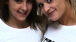 Pale blonde and tanned brunette lesbians toying and licking