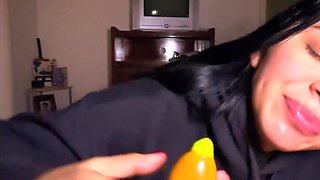 Seductive brunette with a pretty face and an impressive round butt sucks like a pro and rides her ex bf long dick