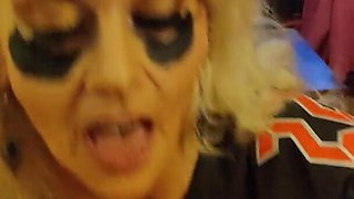 Aroused Blonde MILF In a Football T-shirt Sucks All the Cum Out Of Her BF's Dick & Swallows It