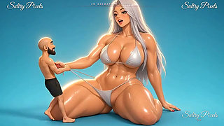 Tiny Man Pulls the Bikini String of a Kneeling Anime Giantess and Dives Into Her Belly