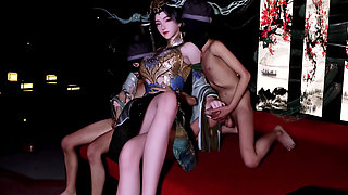 3D Big Boobs Asian Babe Wearing Sexy Dress Have Threesome Anal Sex