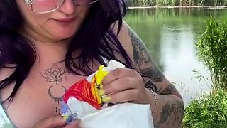 Lewd brunette ashley storm jerks big cock outdoor