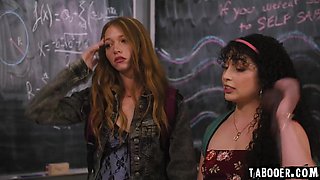 Lesbian Teens Trade Pussy for Teacher Cock