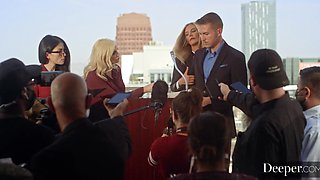 Latex babes share a big cock in horny positions