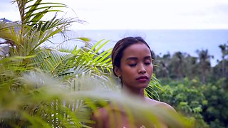 Busty beauty performs slow and sensual striptease outdoors
