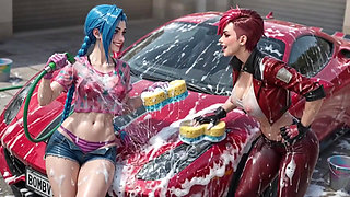 Jinx and Vi Washing the Red Ferrari Wet and Soapy
