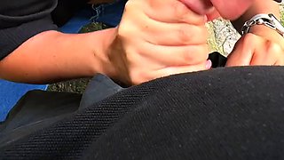 Risky sex in public outside. Sucking, ejaculating in mouth, swallowing