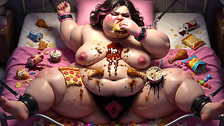 Obese BBW in Bondage Surrounded by Food - Begging for Huge Dick Inside Her