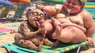Elderly Granny Passionately Sucking BBW Feet on the Beach
