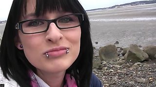Nerd Brunette Blowjob and cumming beside beach