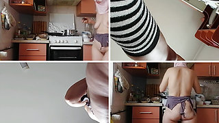 Amateur hairy brunette, big tits, sensual hairy woman in the kitchen. Sexy milf, hairy pussy, big ass